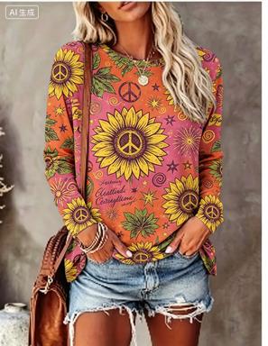 Wallpaper - Damen Langarm-T-Shirt mit Hippie-Gänseblümchen-, Schmetterlings- und
