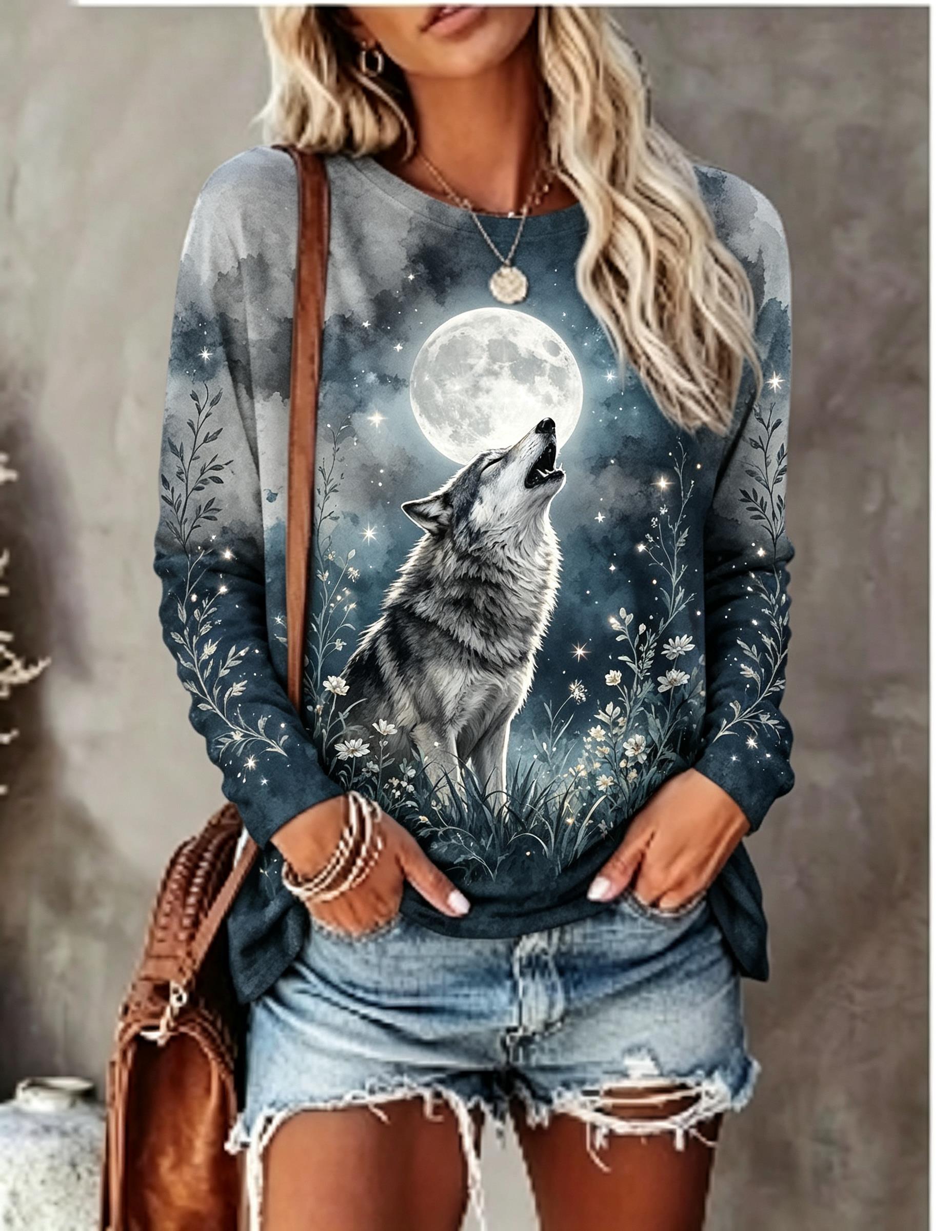 Wallpaper - Damen-Langarm-T-Shirt mit Wolf, Vollmond und wildem